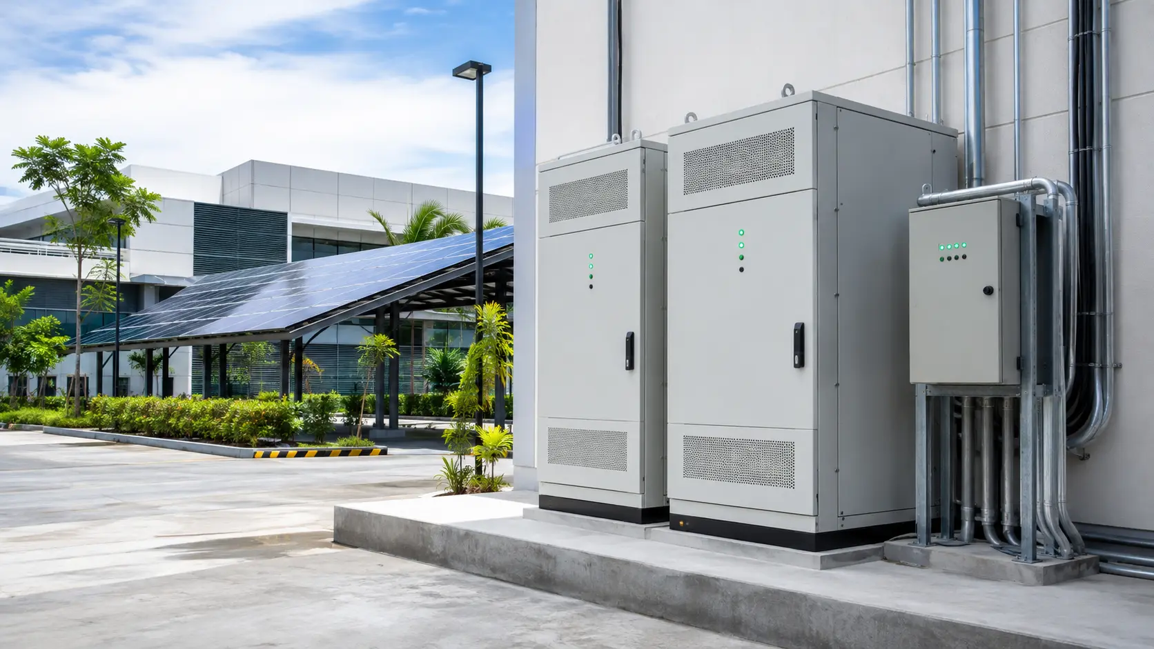 Concept visualization of an unbranded battery energy storage system integrated with commercial solar panels